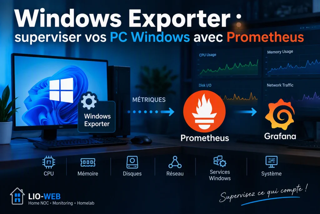 Windows Exporter Prometheus : schéma de supervision des PC Windows (CPU, mémoire, disques, réseau, services) avec visualisation dans Grafana