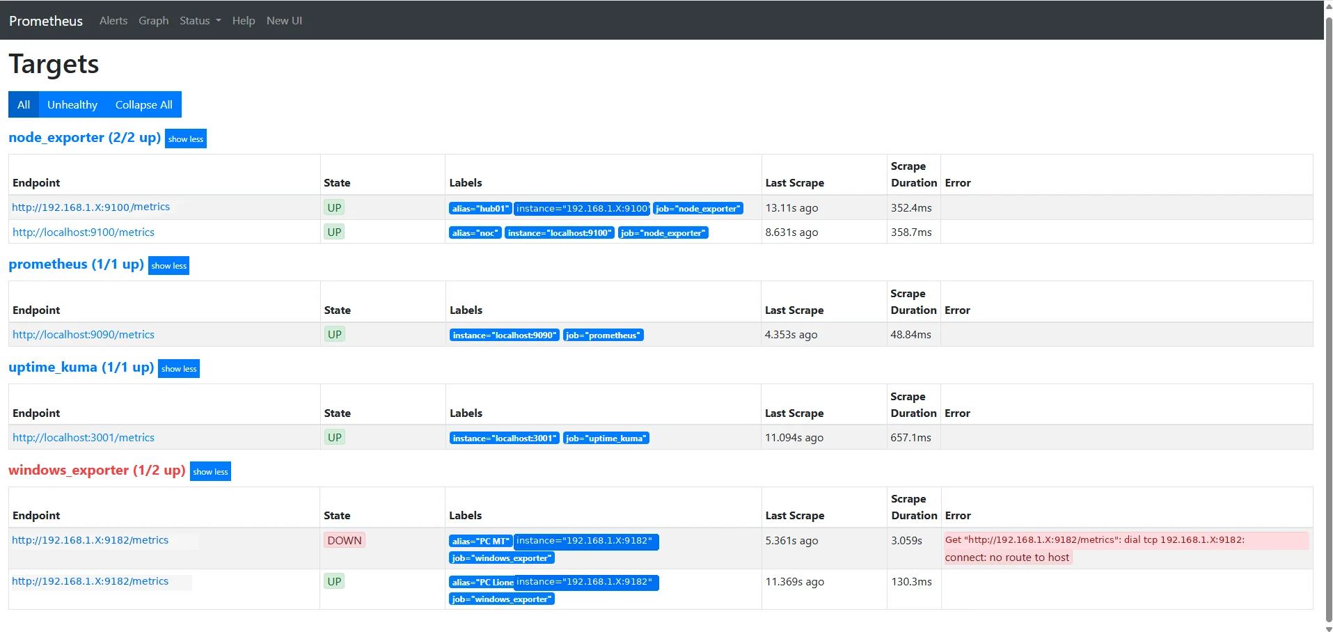 Prometheus Raspberry Pi : page Status Targets avec les services surveillés, dont un statut DOWN détecté immédiatement