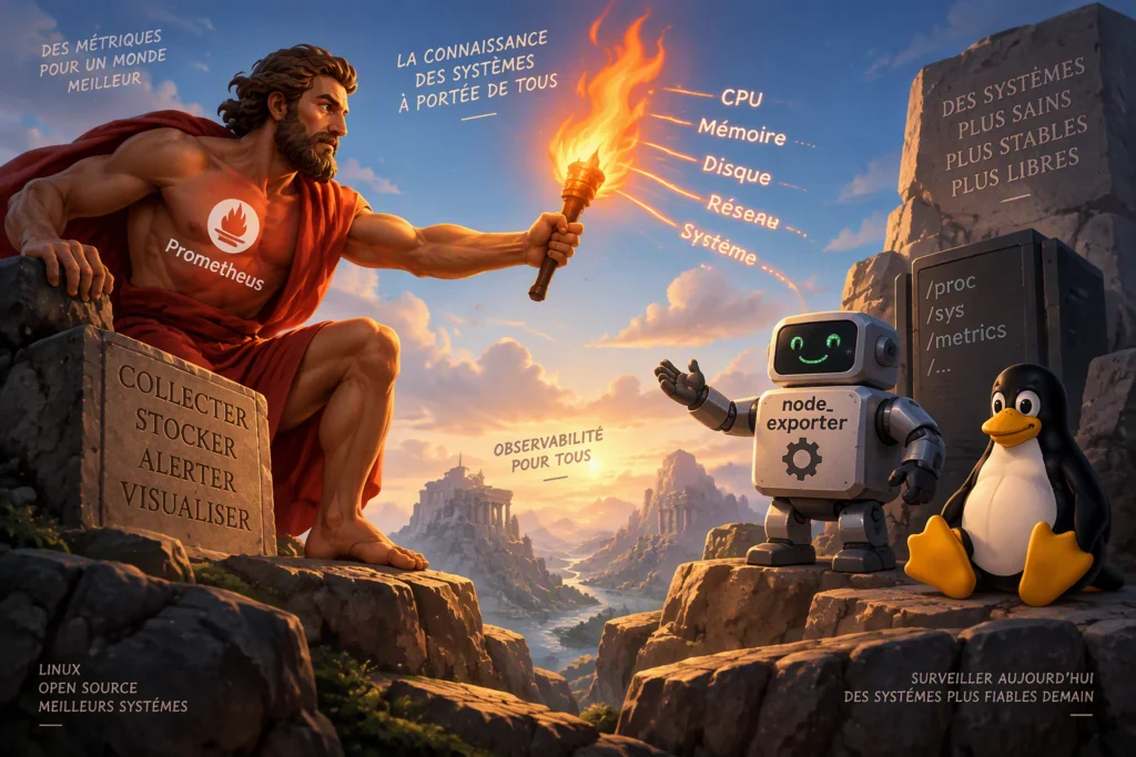 Prometheus Raspberry Pi : Prométhée transmet les métriques CPU, mémoire, disque et réseau collectées par Node Exporter sur Linux